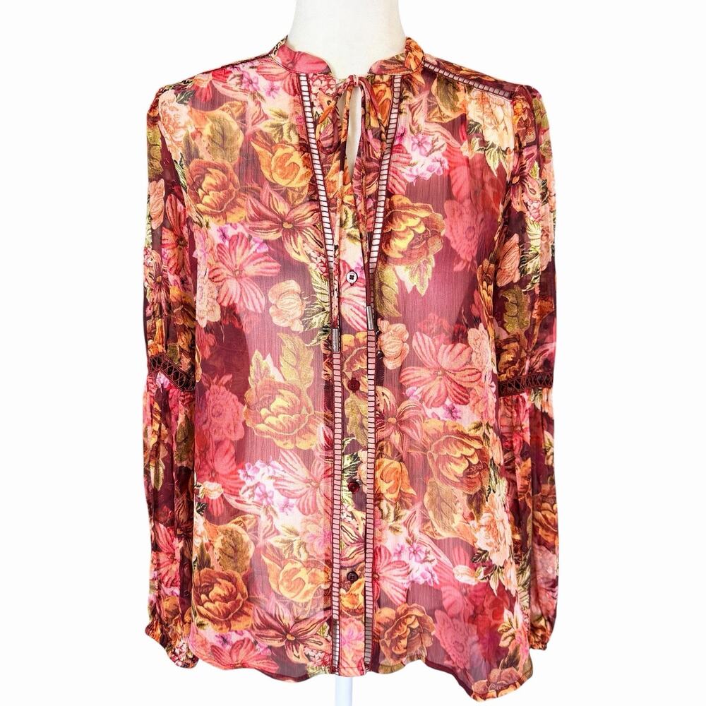 GUESS Wmns Blouse Sheer Floral S Burgundy Bohemian Boho Feminine Hippie Whimsy
